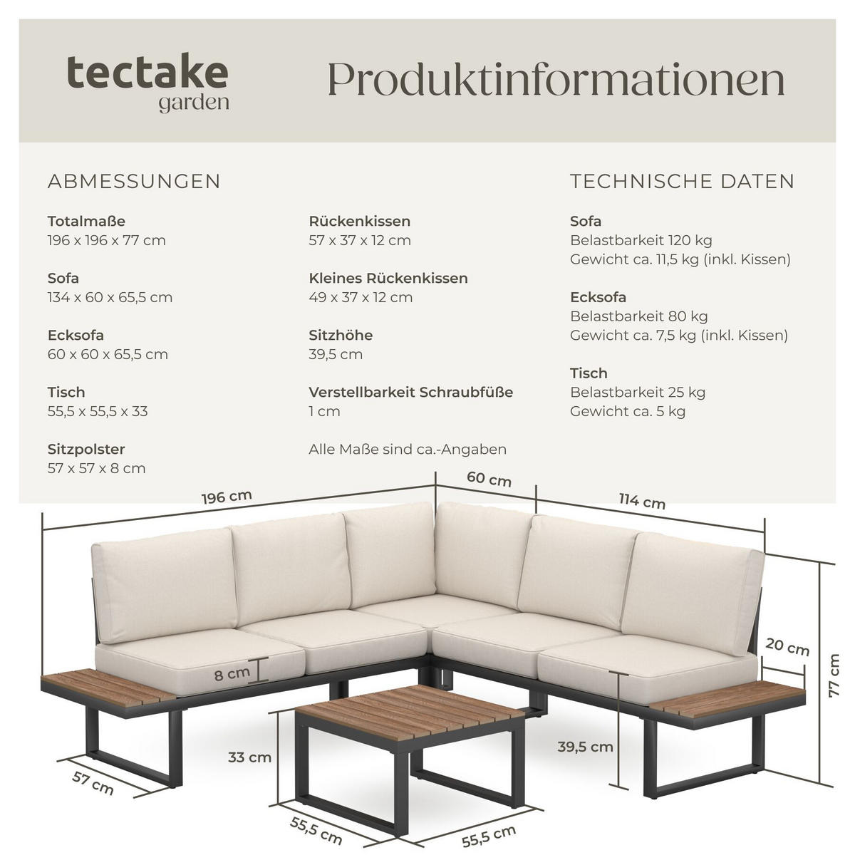 GARTEN-LOUNGE-SET aus Aluminium Eliar, höhenverstellbare Ausgleichsschrauben, schwarz - Schwarz, Kunststoff - tectake
