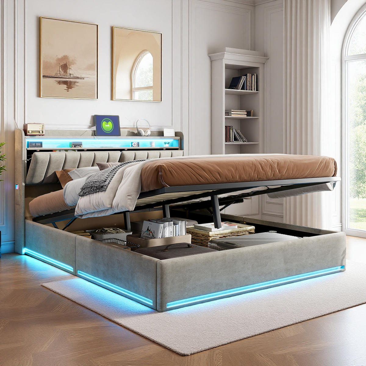 POLSTERBETT 160x200 cm LED USB Stauraum Lattenrost Samt grau - Grau, Holz (160/200cm) - LEBENLANG