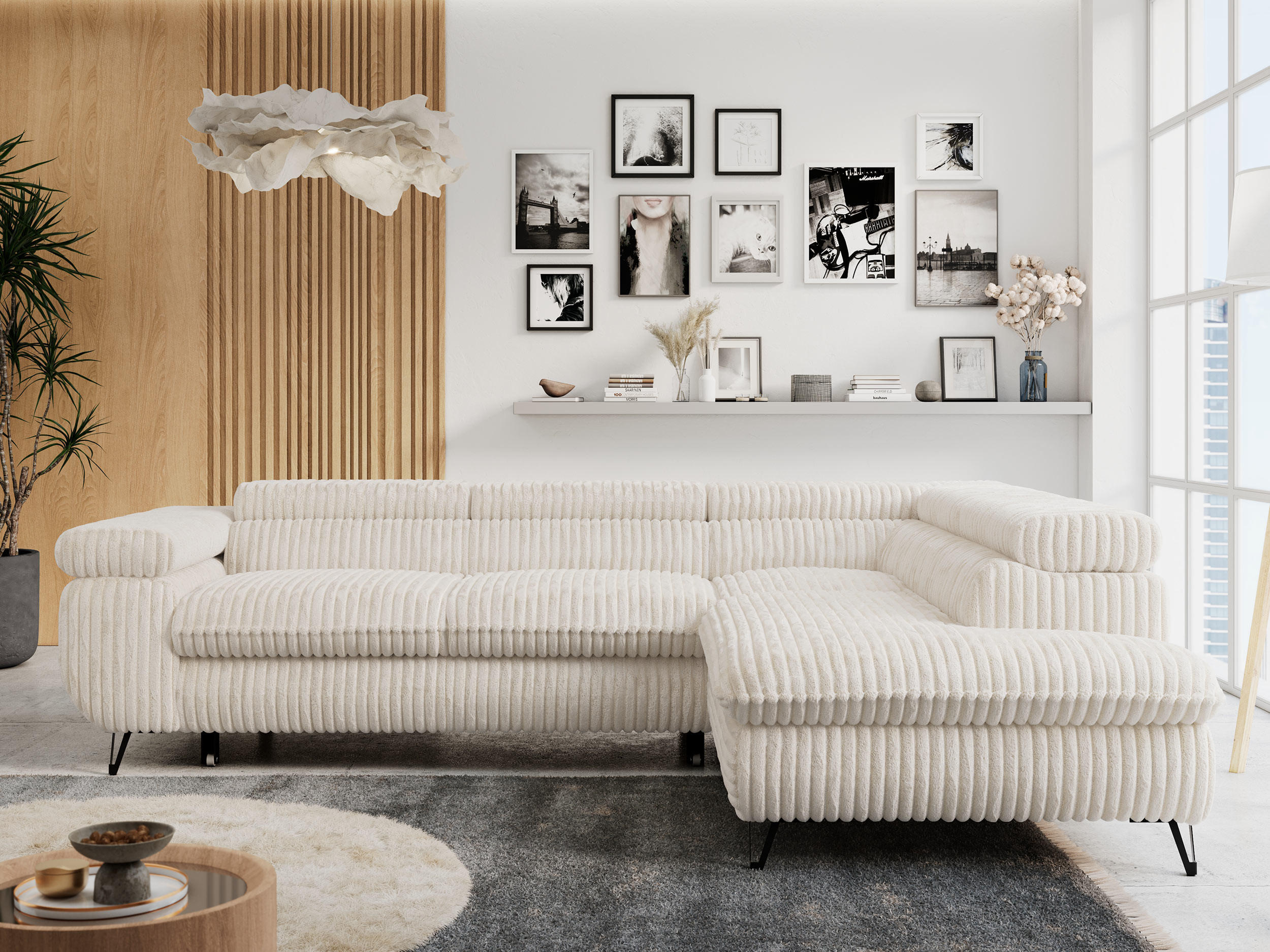 ECKSOFA PETER L Beige Cord - Rechts Seite - Beige/Schwarz, Textil/Metall (273/208cm) - MKS