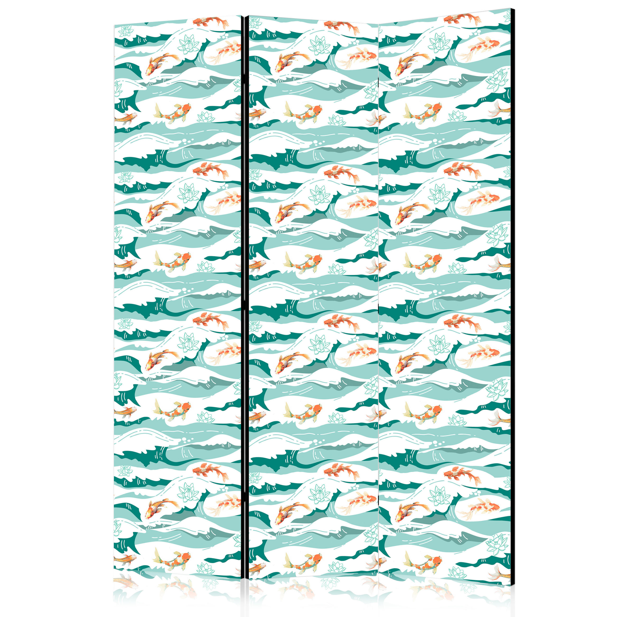 PARAVENT Beidseitig Bedruckter 3-tlg 135x172 cm Koi Fische und Meereswellen - Multicolor, Holz/Textil (135/172/3cm) - Muralo