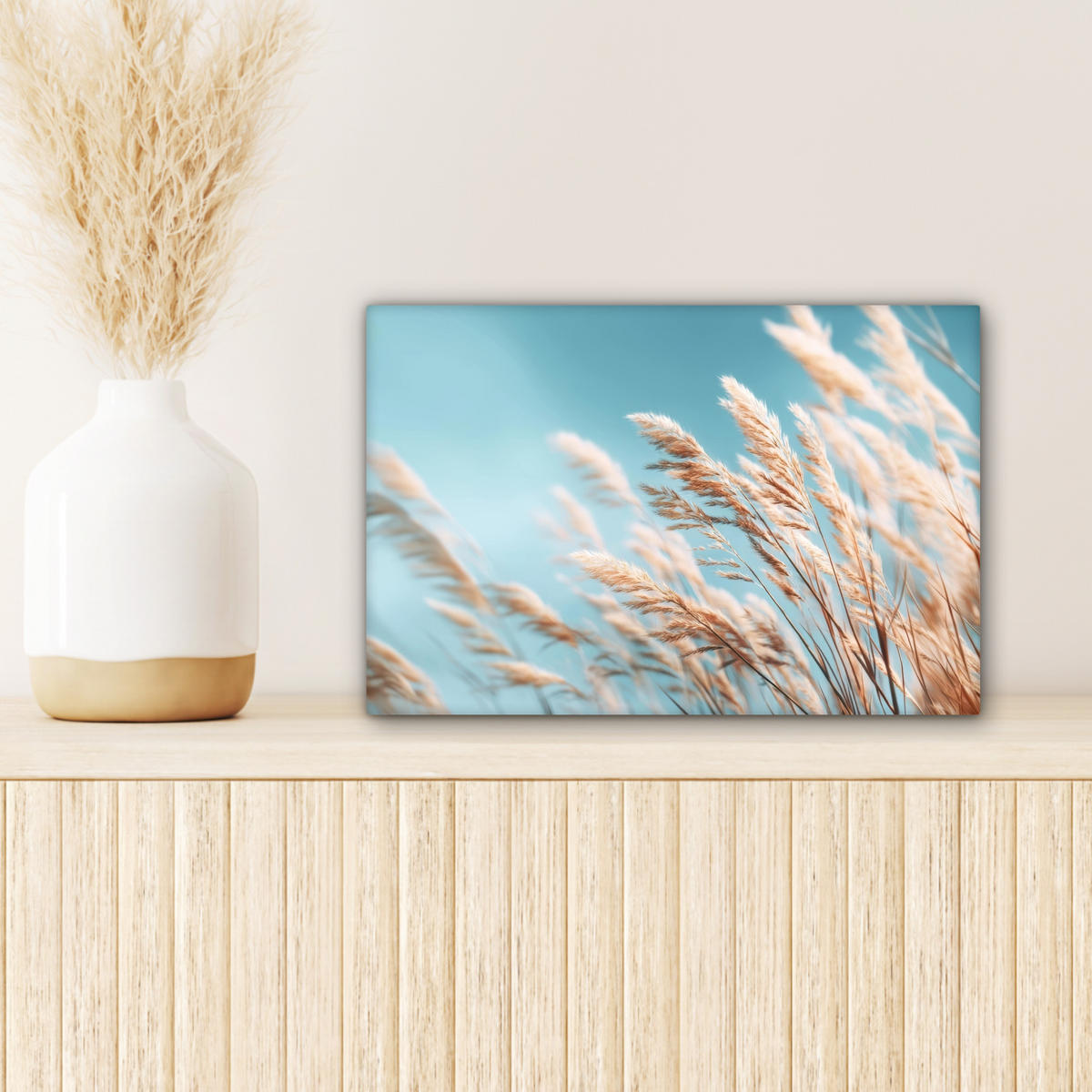 LEINWANDBILD Ziergras - Wind - Hellbraun Deko Schlafzimmer 30x20 cm - Hellblau, Textil (30/20cm) - MuchoWow