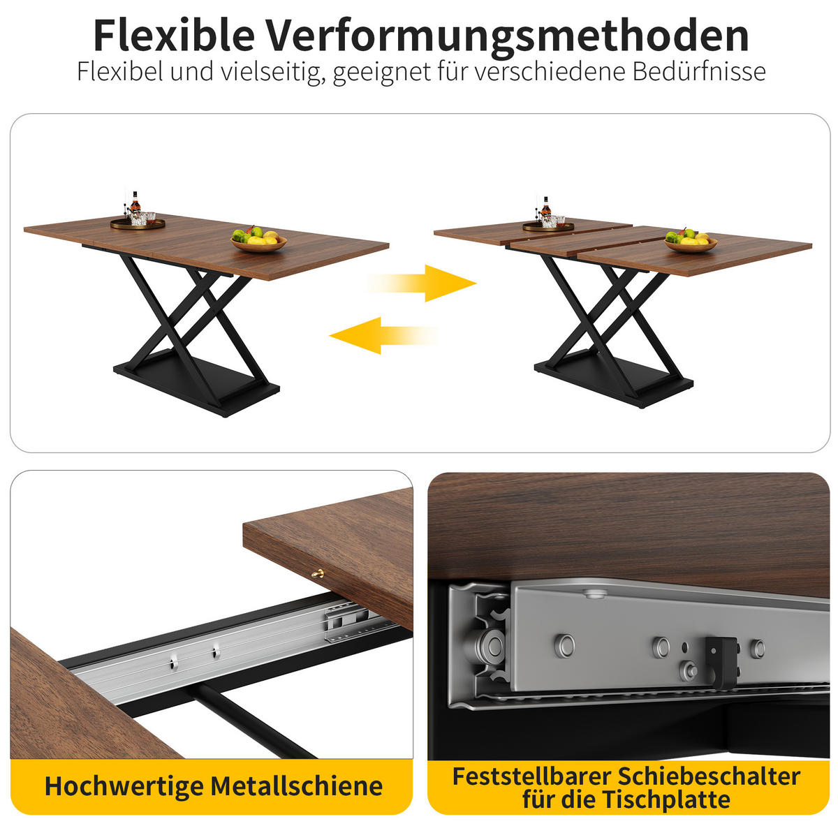 ROZKLÁDACÍ jídelní stůl 120-160/80/75 cm s teleskopickým rozkladem, křížovými kovovými nohami a odolnou deskou, Ořechová/černá - barva vlašského ořechu, kompozitní dřevo (120/80/75cm) - Redom