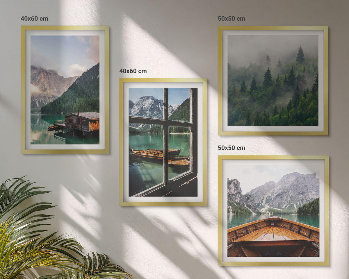 BILDER SET 4er Set - 50x50 cm & 40x60 cm Goldrahmen - Hütten am Bergsee Łódź - Goldfarben, Kunststoff (50/50cm) - TULUP
