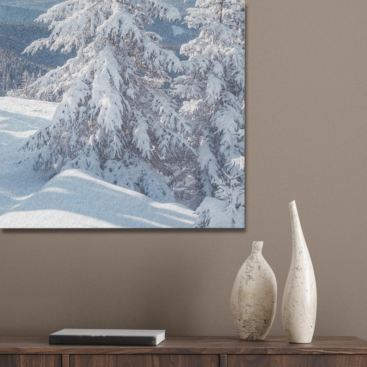 AKUSTIKPANEEL Winterlandschaft - Natur - Berge - Bäume - Schnee 80x60 cm - Hellblau, Textil (80/0.9/60cm) - MuchoWow
