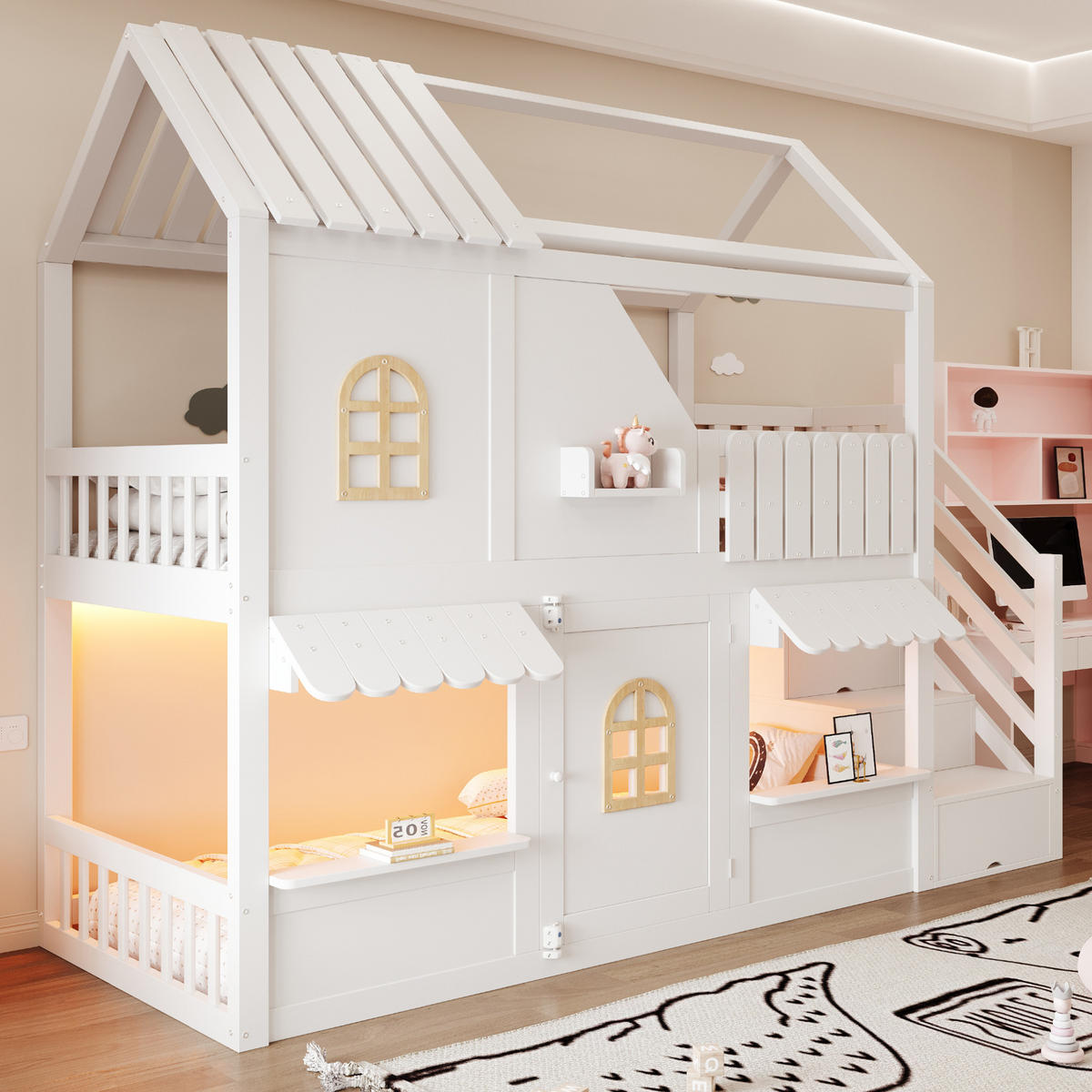 KINDER-ETAGENBETT 90 x 200 cm mit Dach, Leiter und LED, Weiß - Weiß, Holz (90/200cm) - FLIEKS