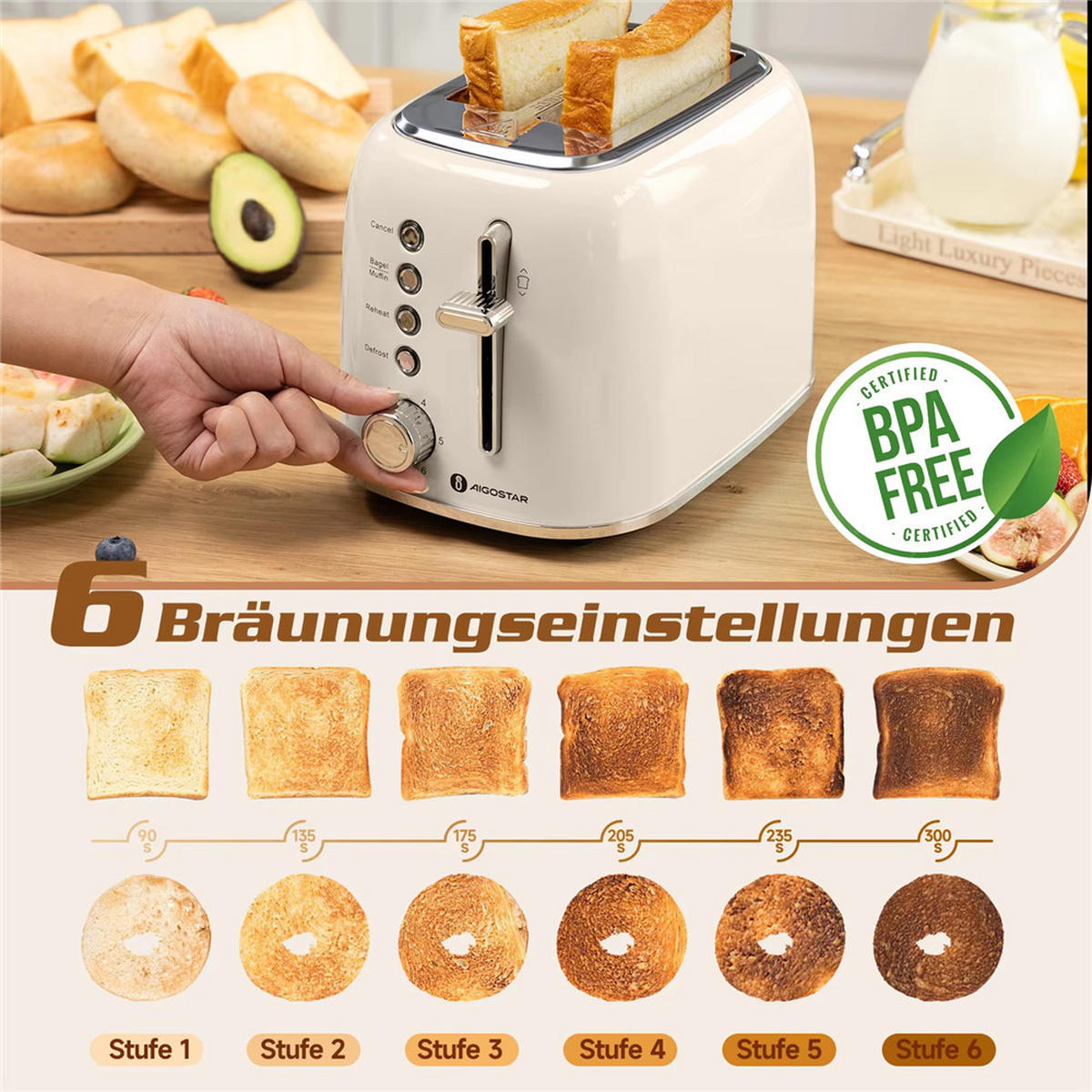 TOASTER 2 Scheiben 6 Stufen Liftfunktion 800W Edelstahl - Beige, Metall (15.5/18/24cm) - Kaket