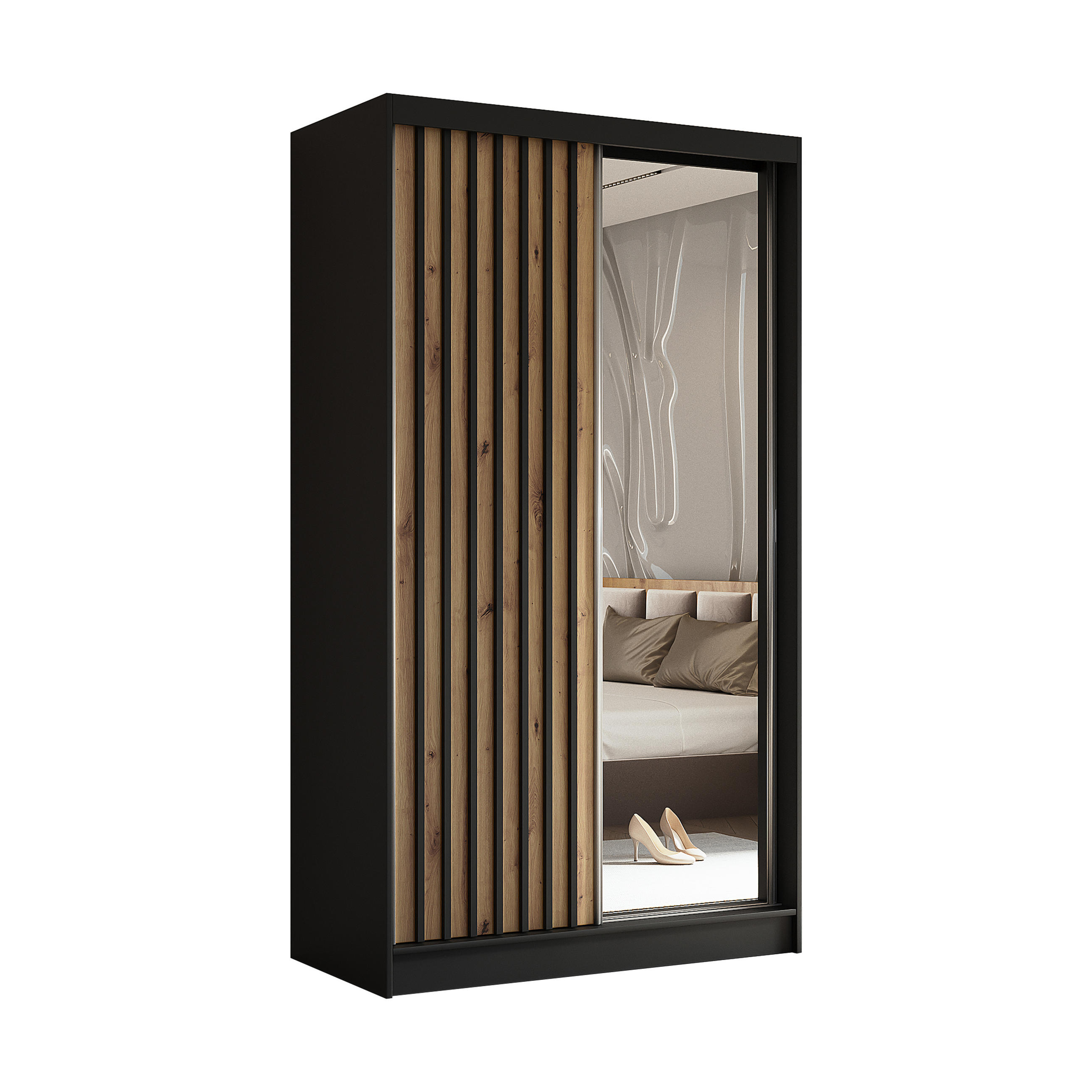 SCHWEBETÜRENSCHRANK LAMELLO 120/216/61 cm 2-türig mit Spiegel Schwarz - Schwarz/Eiche Artisan, Holzwerkstoff (120/216/61cm) - MASSENO