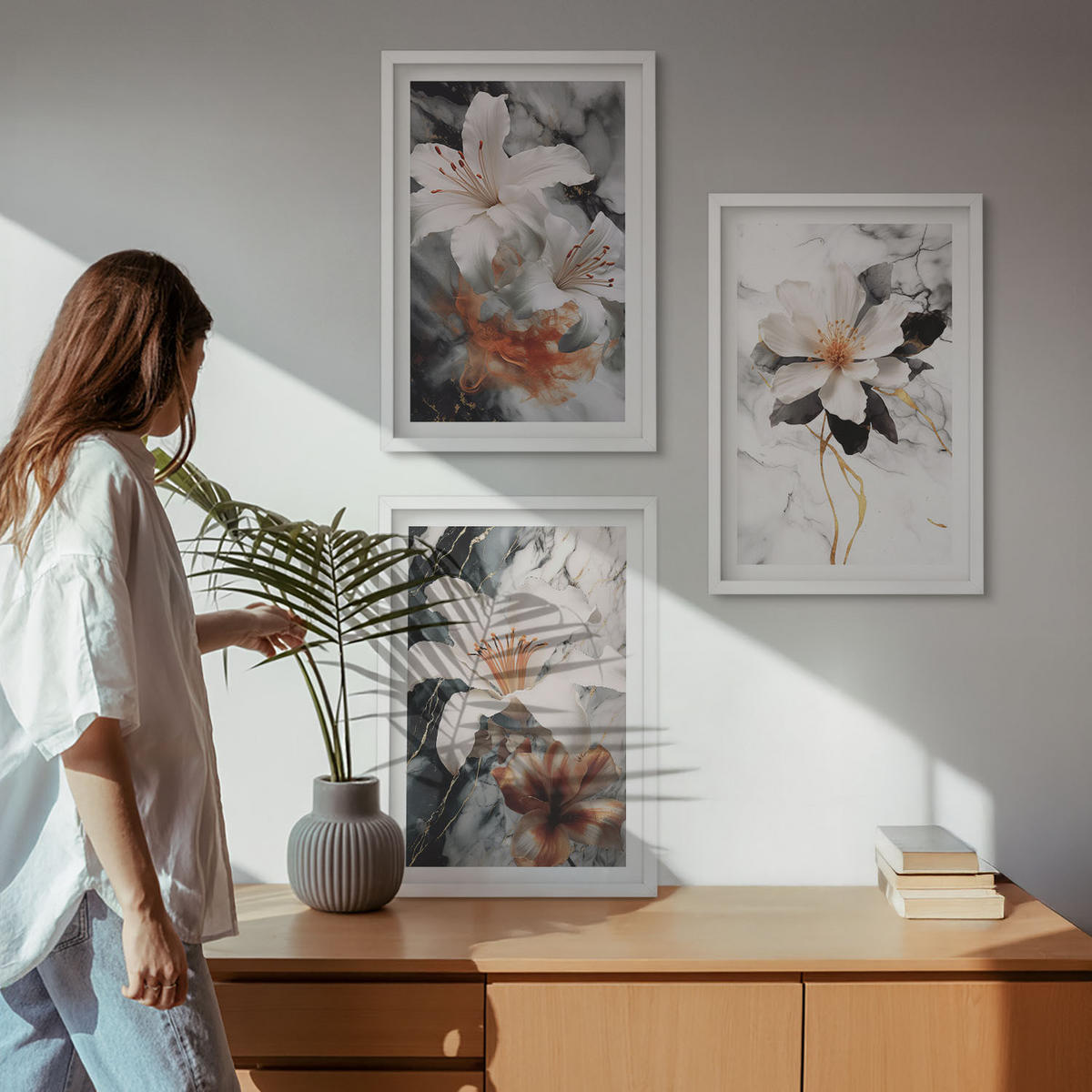 WANDBILDER 3er-Set - 40x60 cm Weißer Rahmen - Blumen Marmor weiß schwarz - Weiß, Kunststoff (40/60cm) - ArtPrintCave