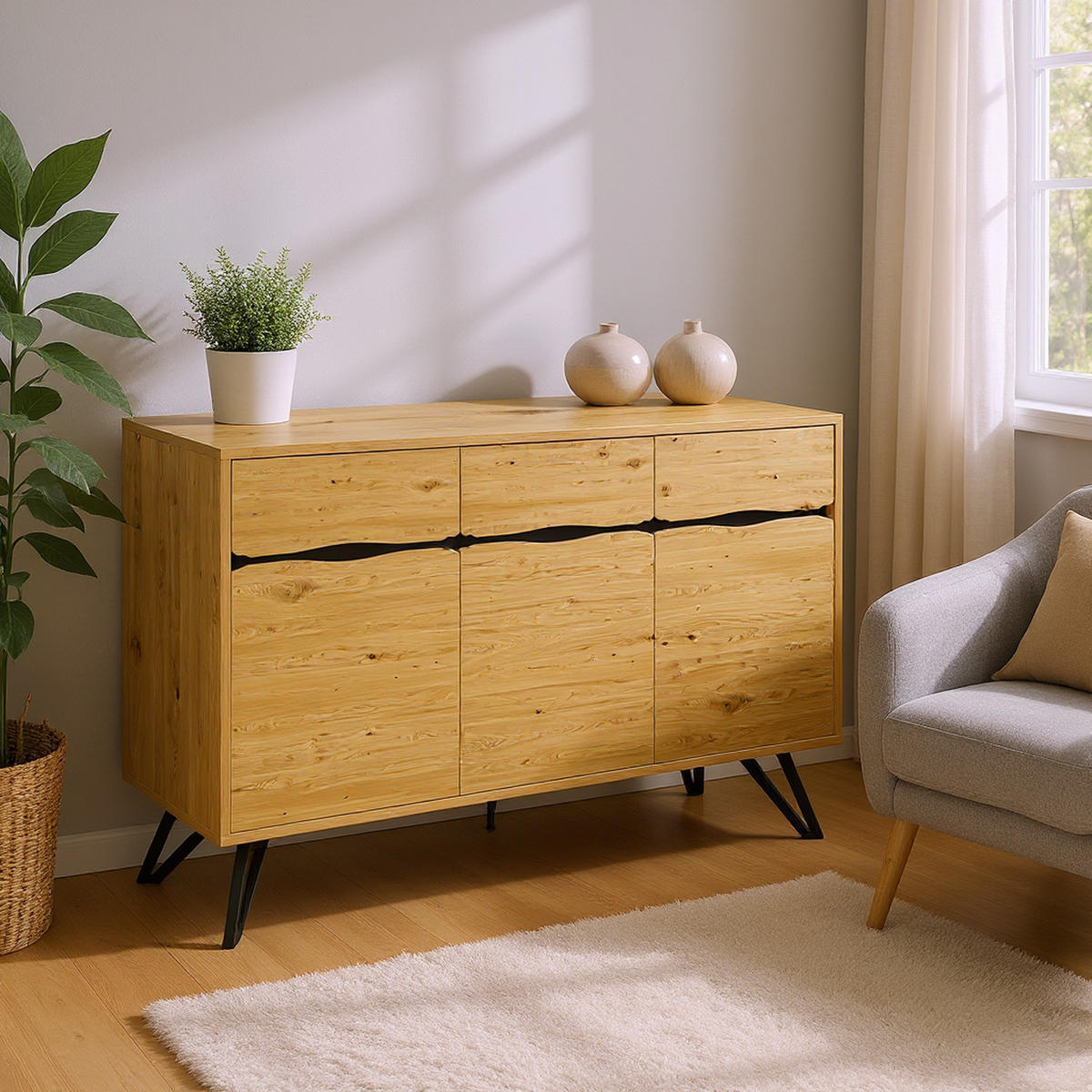 SIDEBOARD Eiche Nachbildung mit 4 Türen und Stabilem Gestell - Eichefarben, Holzwerkstoff/Metall (140/75.5/40cm) - Urban Meuble
