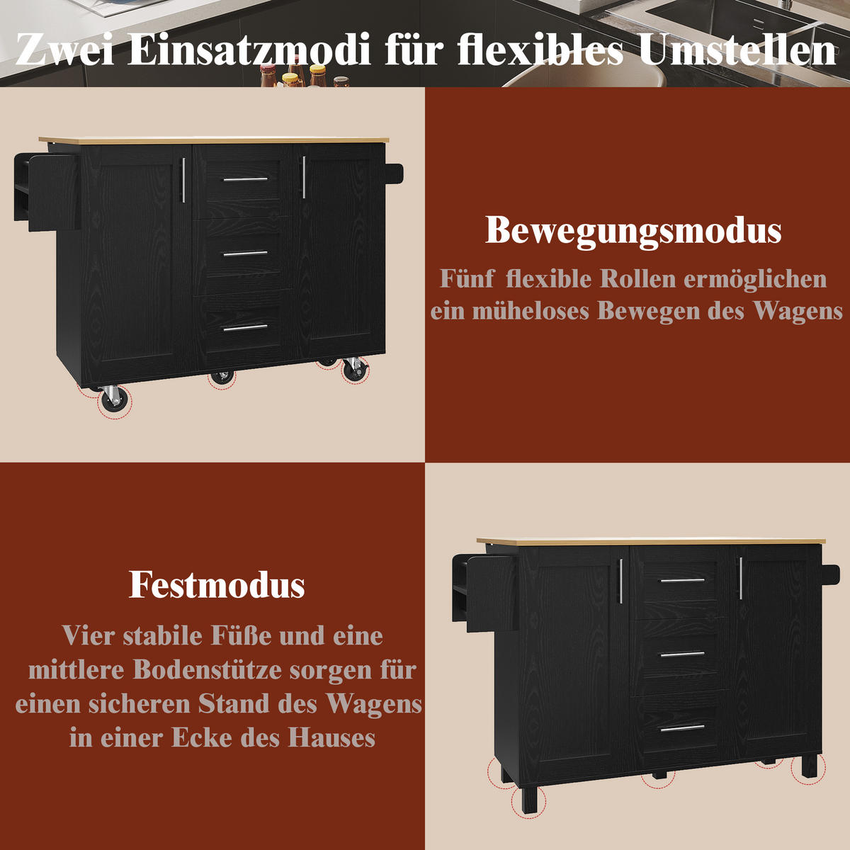 KÜCHENWAGEN 135x74x87.2cm Schwarz mit Klappseiten, 3 Schubladen, Snackregal & 5 Rollen - Schwarz, Holzwerkstoff (135/87.2/74cm) - Modfu