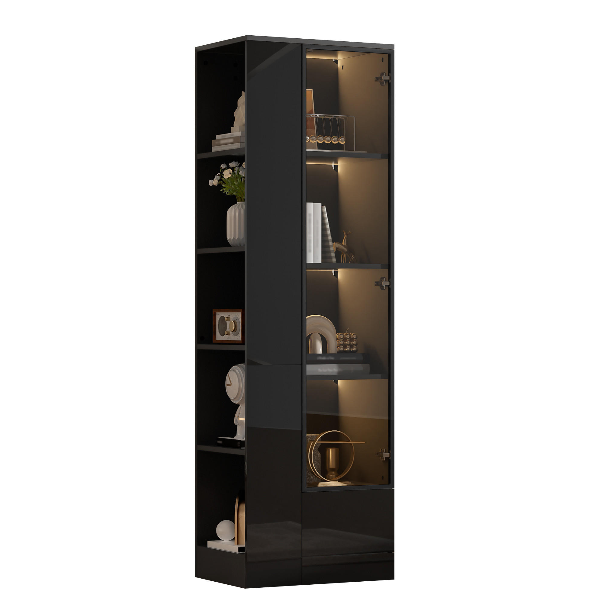 VITRINE 50x35x160 cm Schwarz mit LED und Glastür - Schwarz, Holzwerkstoff (50/160/35cm) - FLIEKS