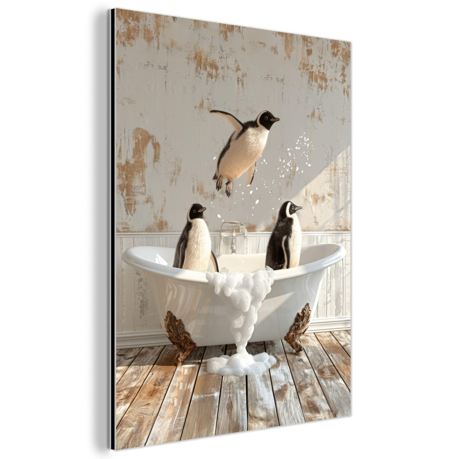 METALLBILD Vintage - Pinguin - Badewanne - Schaumstoff 60x80 cm - Schwarz, Metall (60/80cm) - MuchoWow