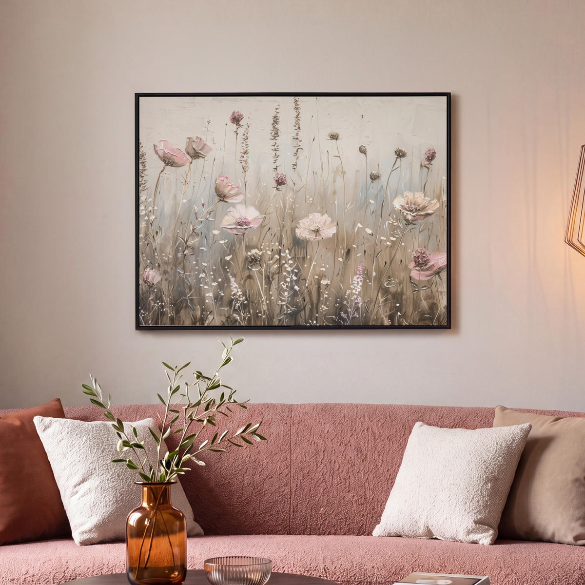 LEINWAND Bilder mit Rahmen - Blumen - Rosa - Modern - Beige - 70x50 - Beige, Textil (70/50cm) - MuchoWow