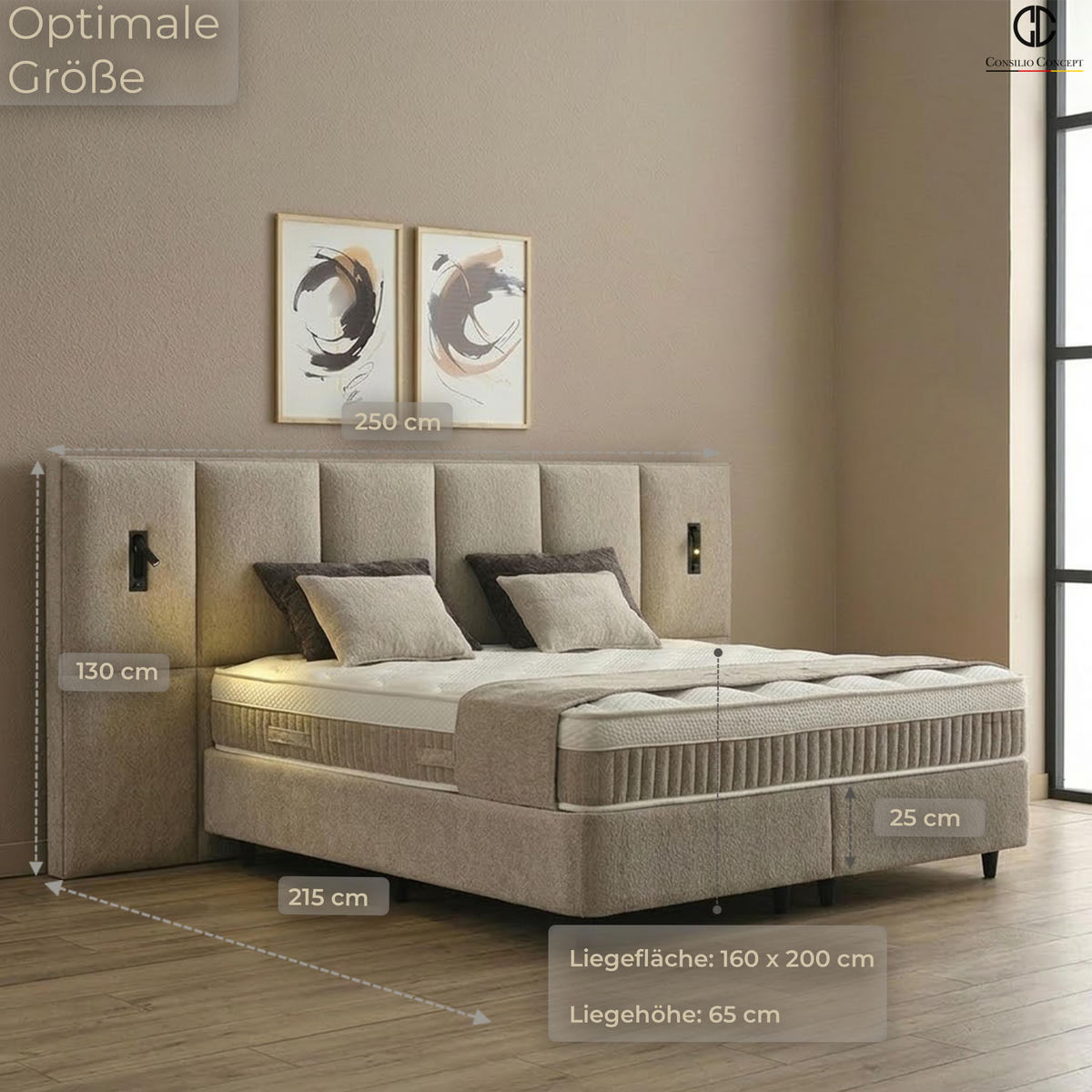 BOXSPRINGBETT MIT BETTKASTEN DAVIS 160/200 cm, Helltaupe, mit Leuchten, Bettkasten, Matratze, Topper integriert, H3 mittel - Taupe/Schwarz, Holz/Kunststoff (160/200cm) - Consilio Concept