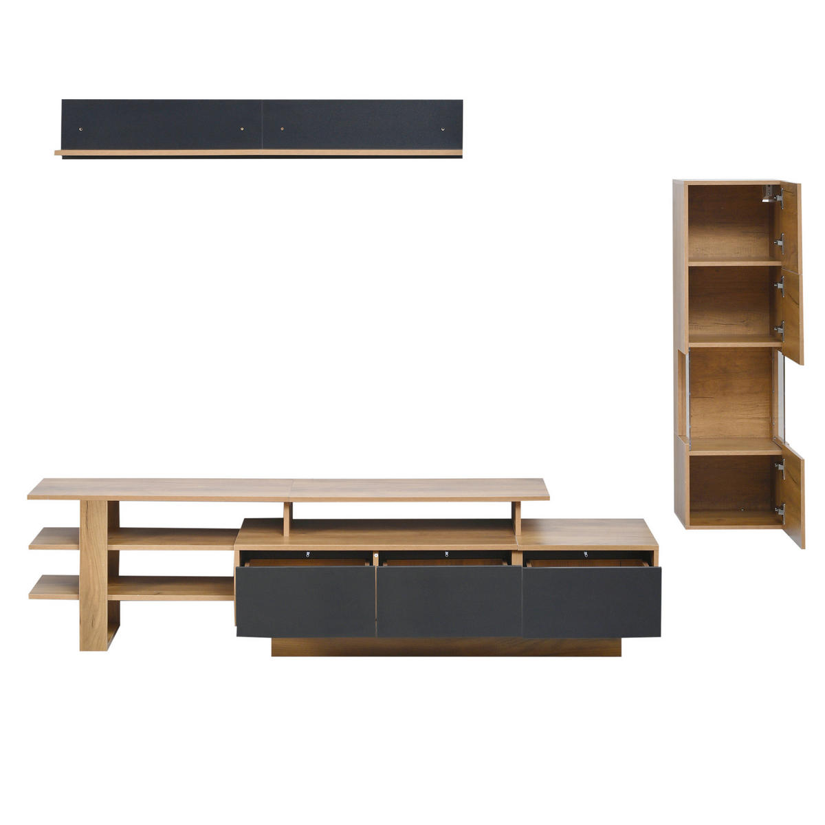 TV-WOHNWAND 3-tlg. 180 cm MDF/Acryl Natural+Black mit LED - Schwarz, Holzwerkstoff (40/45/150cm) - Beauniv
