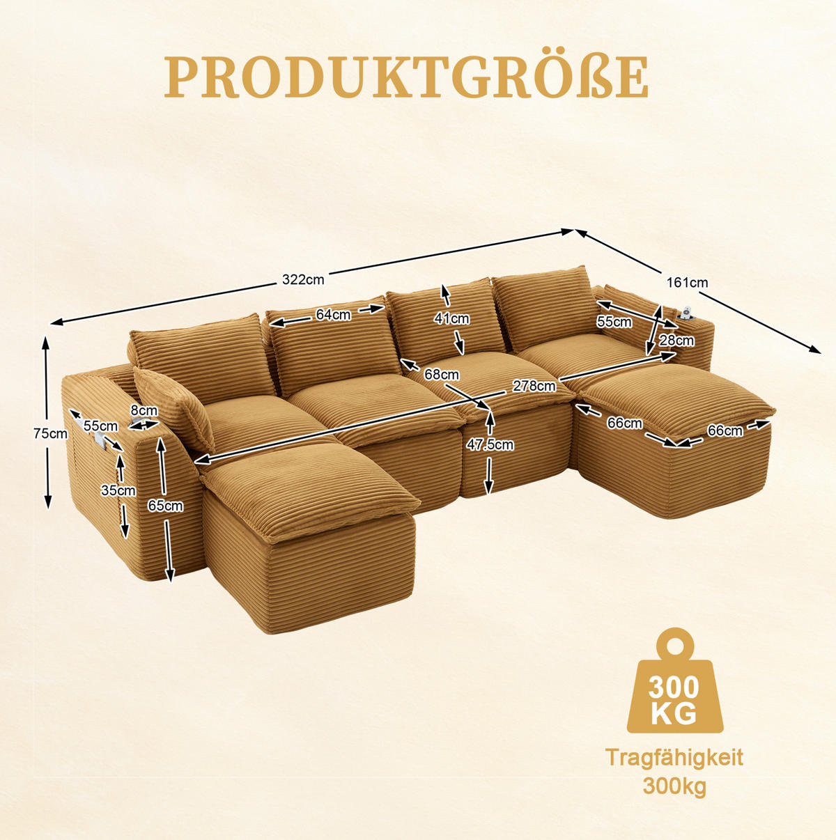 SOFA modular ca. 322 x 161 x 75 cm Cord Orange - Orange, Kunststoff (161/75/256cm) - Meubliv
