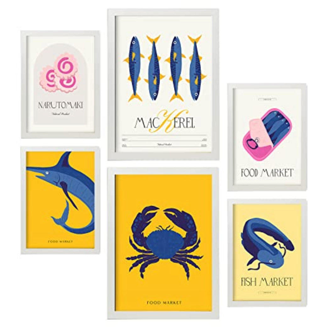 POSTER Set Mit 6 Lebensmittel Und Ernährungs Meeresprodukte Natur Und Botanikdrucke Für Innenarchitektur A3 & A4 Weißer Rahmen - Weiß, Papier (29/3cm) - Nacnic