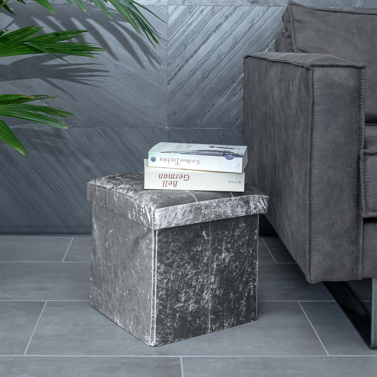 SITZBOX Faltbar mit Samtbezug 30/30/30 cm (Grau) - Grau, Karton (30/30/30cm) - Intirilife