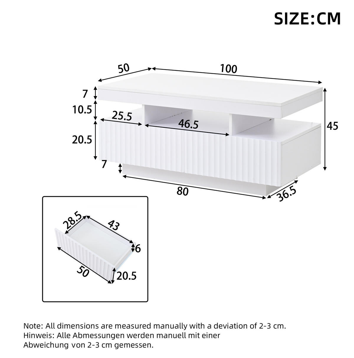 COUCHTISCH 100/50/45 cm mit 2 Schubladen, LED-Beleuchtung und offener Ablage aus Spanplatte, Weiß - Weiß, Holzwerkstoff (100/50/45cm) - Modfu