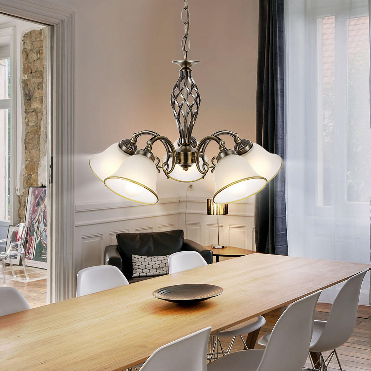 KRONLEUCHTER ODIN Messing 5-flammig - Messingfarben, Glas (60/60/120cm) - Globo Lighting