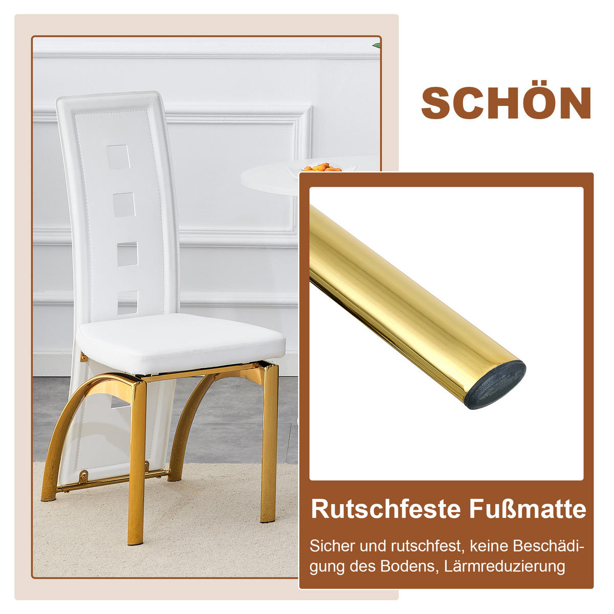 ESSGRUPPE DE-39452 3-teilig, Glastisch und 2 Stühlen mit Lochmuster Weiß/Gold - Goldfarben/Weiß, Metall (88/75/88cm) - ComfortXL
