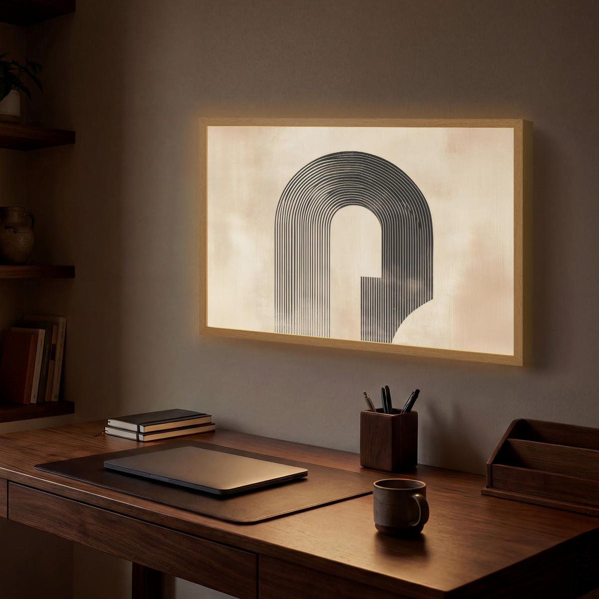 NÁSTĚNNÁ LAMPA S AKUMULÁTOREM Luk - Pruhy - Minimalistický - Černý 60x40 cm - béžová, kompozitní dřevo (60/40/8cm) - OnlyWow