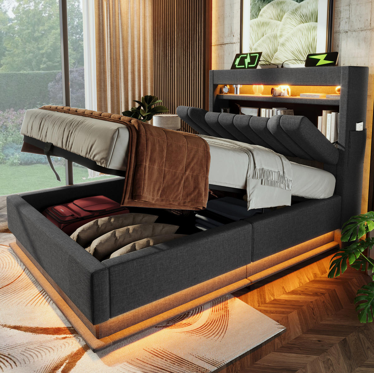 POLSTERBETT 90/200 cm Grau aus Leinen mit Stauraum, LED und Matratze - Grau, Textil (90/200cm) - Flora Grace