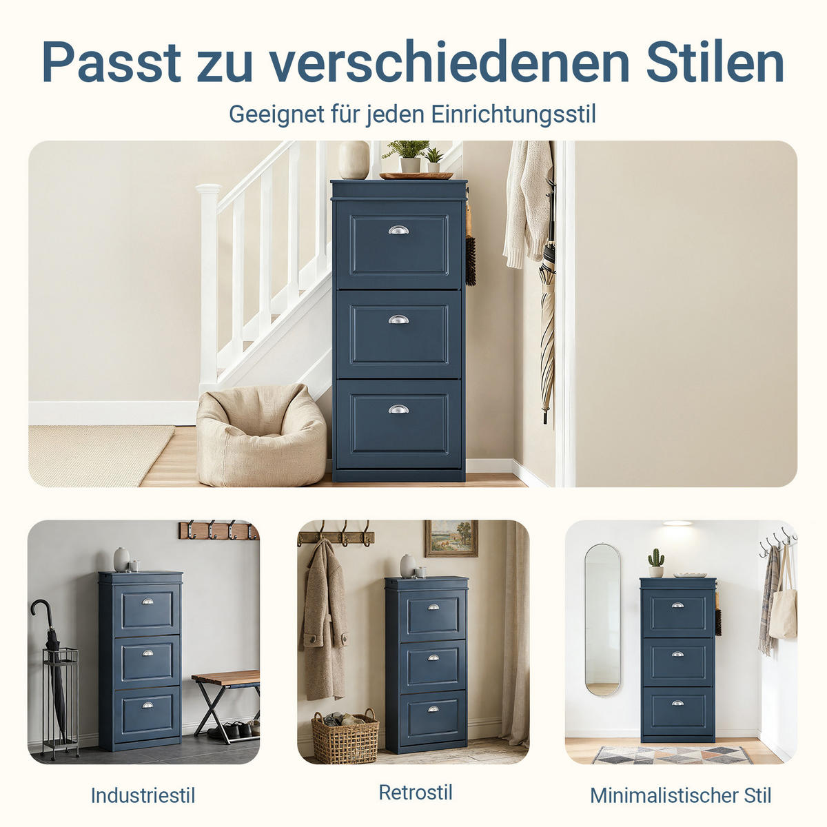 SCHUHKIPPER mit Schublade und Haken, Schuhschrank Blau 53x24x118cm - Blau, Holzwerkstoff (53/118/24cm) - SoBuy