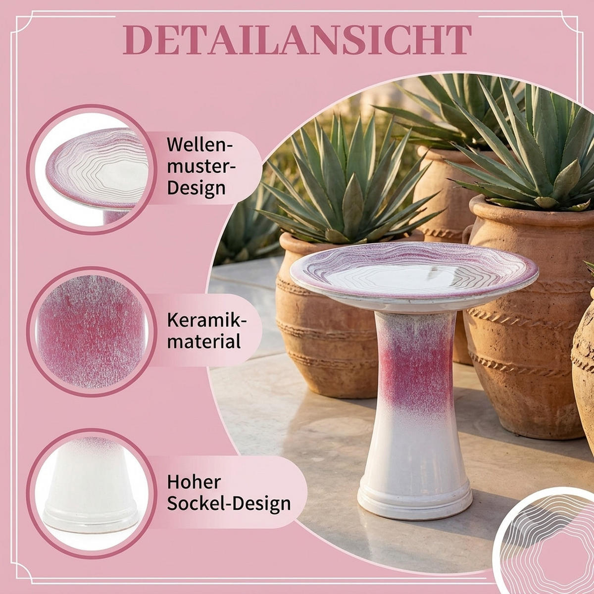 VOGELBAD mit Standfuß, Keramik Ø43/45H cm, Wetterfest, Rosa-Weiß - Pink, Keramik (43/45/43cm) - LVHOM