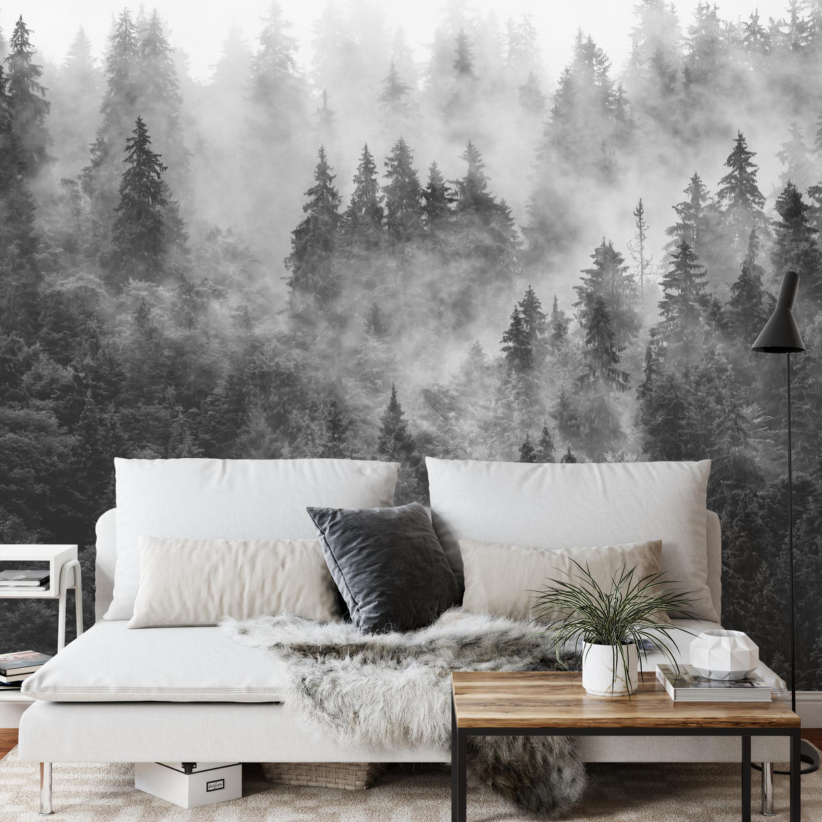 FOTOTAPETE für Wohnzimmer Dichter Nebel Forst Bäume 500x350 - Schwarz/Weiß, Papier (500/350cm) - Muralo