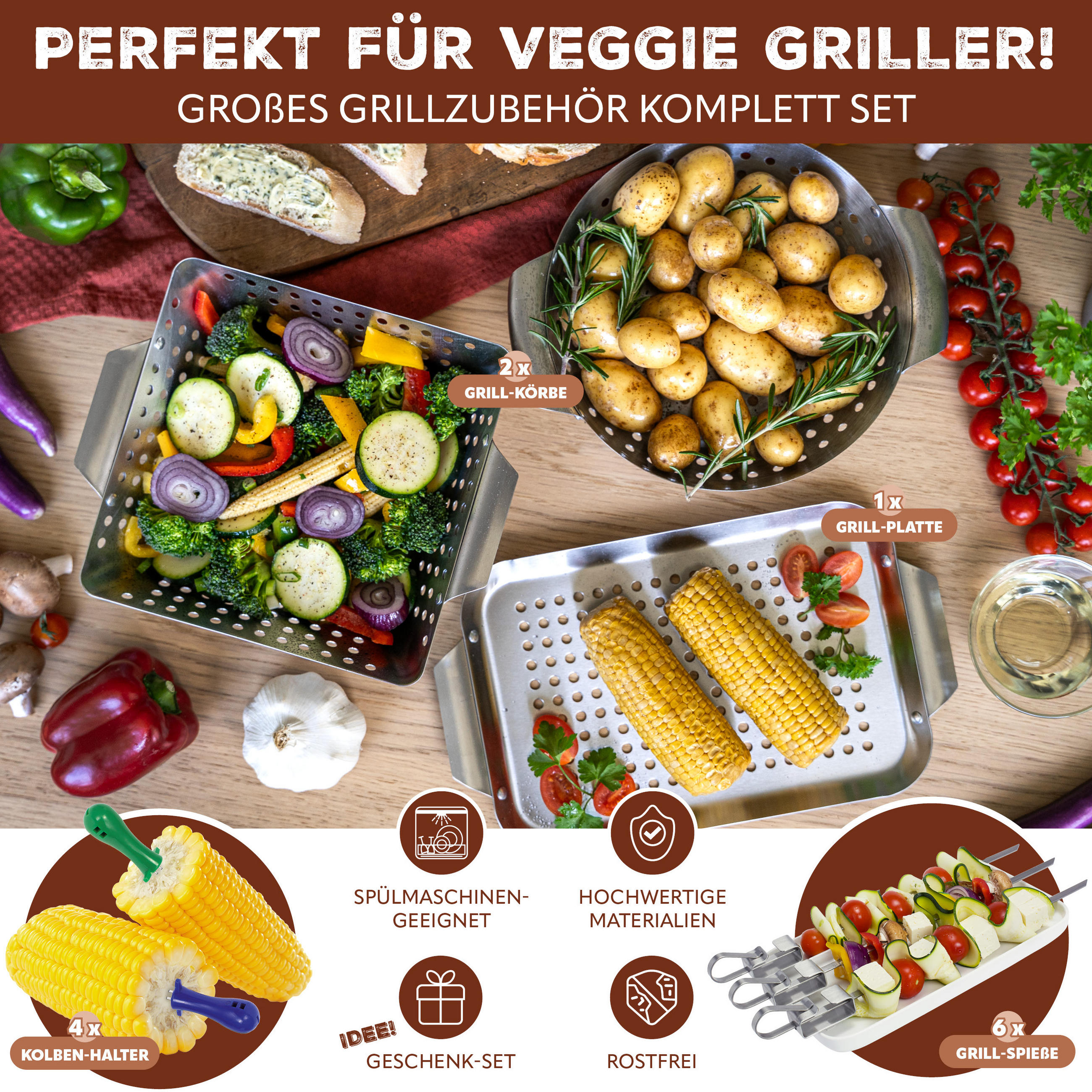 VEGGIE-GRILL-SET 13tlg. - Edelstahlfarben, Metall (32/1.5/18.5cm) - bremermann