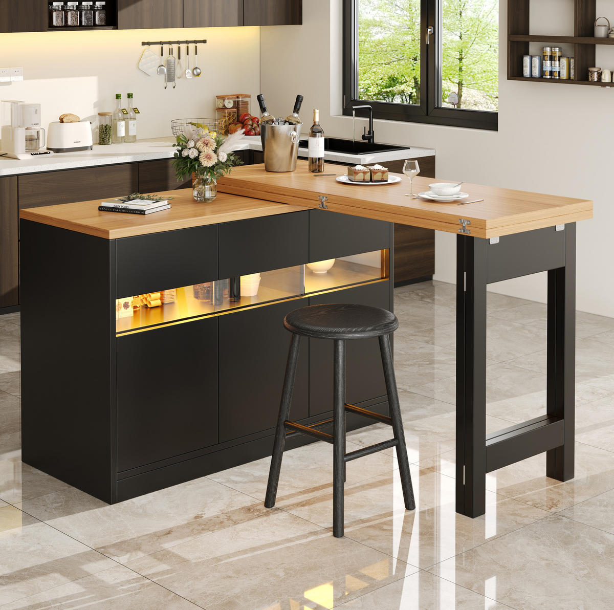 BARTISCH, MDF mit LED & 360° drehbar, ausziehbar 120-180/40/71,5 cm, Schwarz - Schwarz, Holzwerkstoff (40/71.5/107cm) - Redom