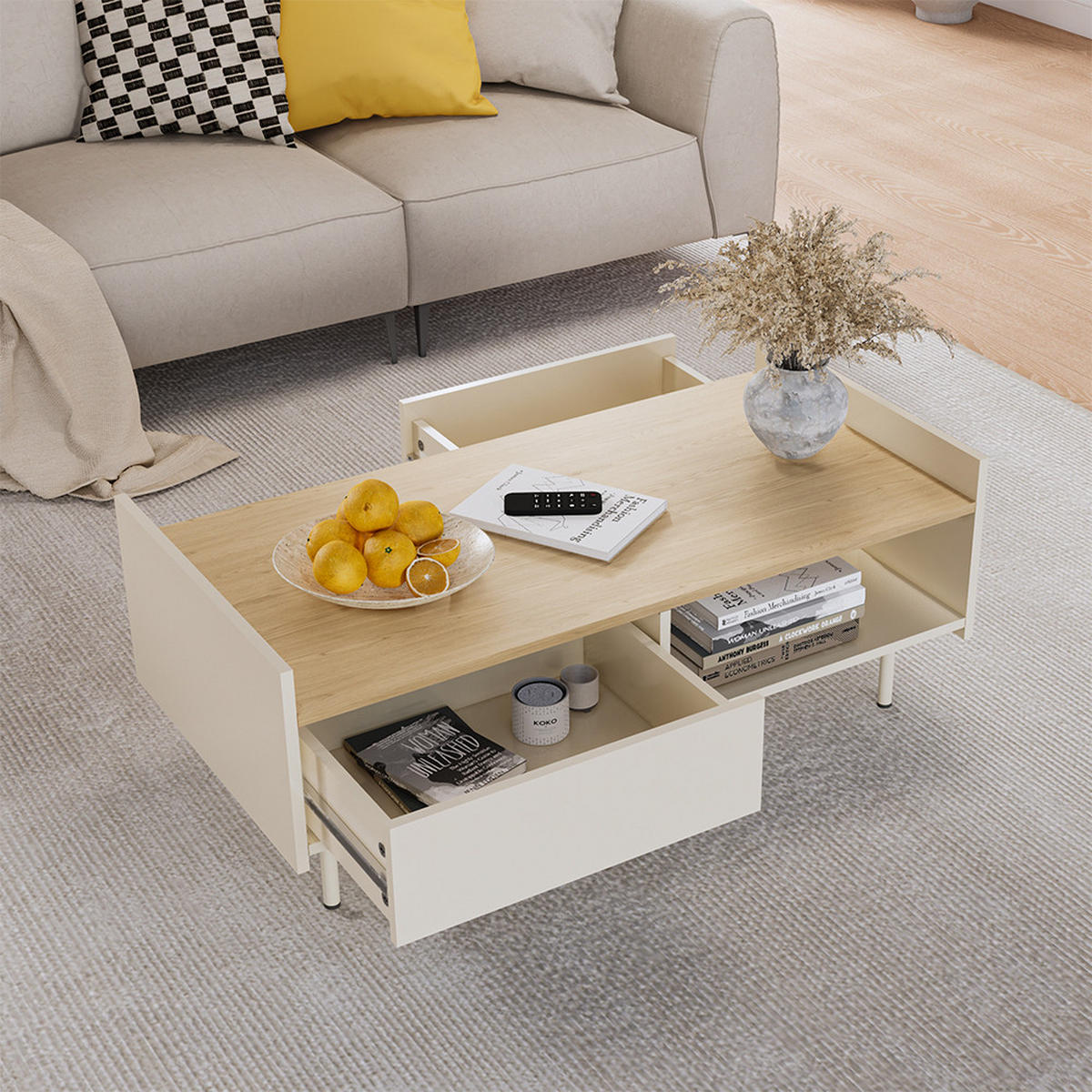 COUCHTISCH Velina Creme 100 x 50 cm mit 2 Schubladen - Eichefarben/Creme, Holzwerkstoff (50/100/40cm) - Vicco