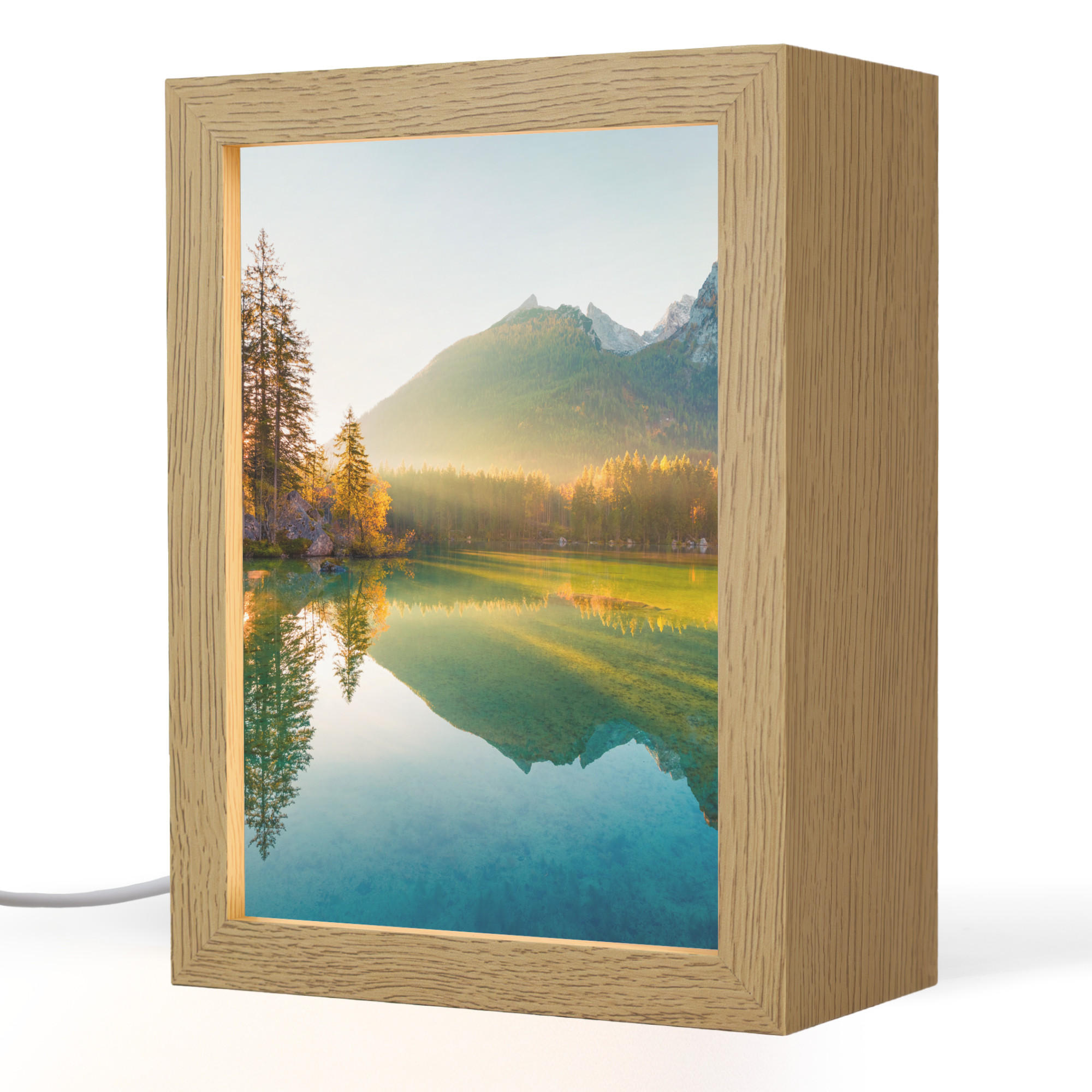 TISCHLEUCHTE See - Wald - Berge - Natur - Sonne - Landschaft 15x20 cm - Currygelb, Holzwerkstoff (8/15/20cm) - OnlyWow