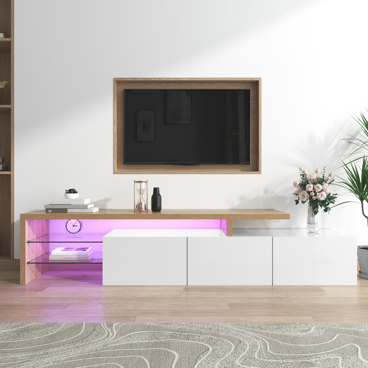 LOWBOARD 197.5/39/42 cm in Natur/Weiß aus MDF und Glas mit LED-Beleuchtung - Weiß, Holzwerkstoff (39/42/197.5cm) - OKMYHOME