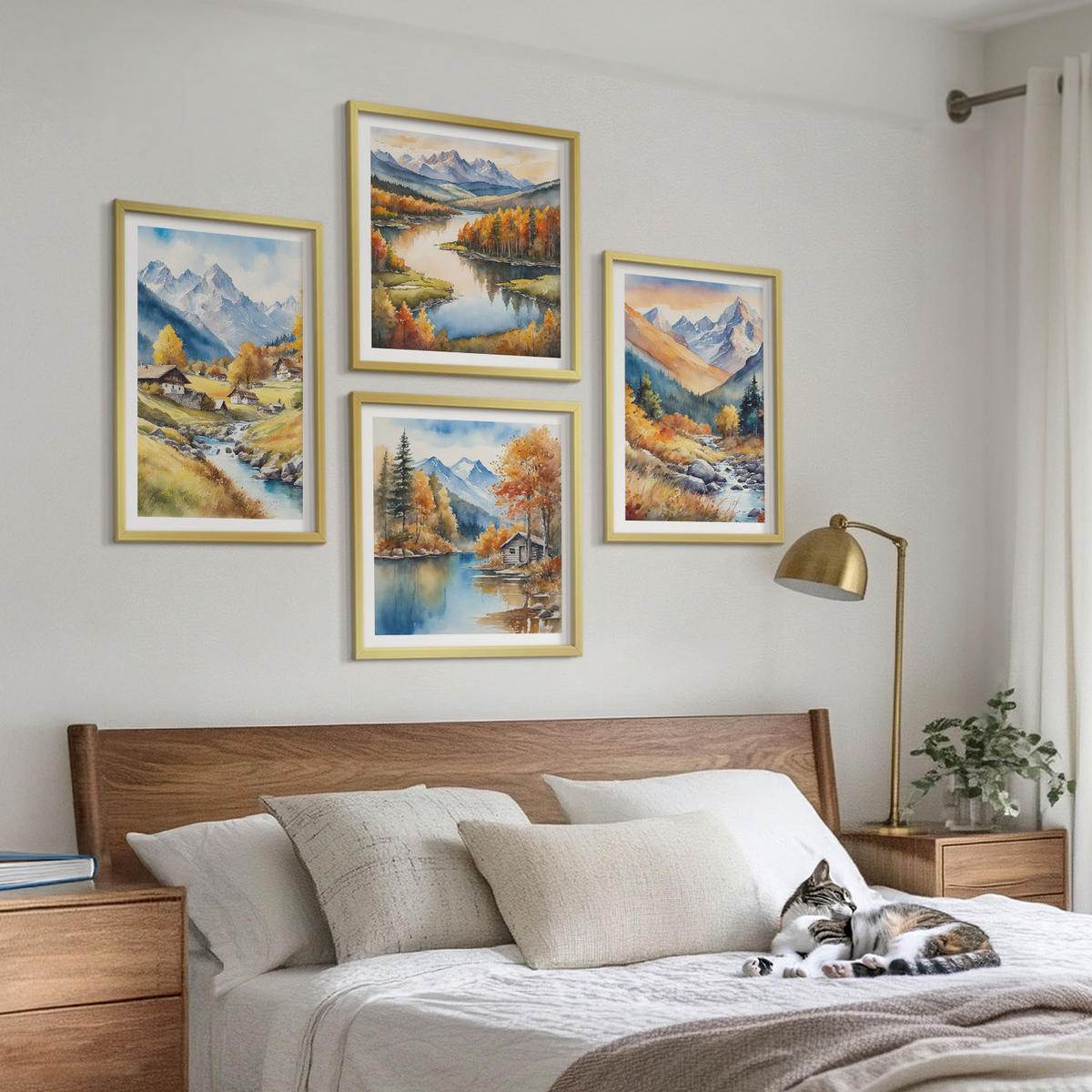WANDBILDER 4er Set - 50x50 cm & 40x60 cm Goldrahmen - Herbstliche Naturlandschaften - Goldfarben, Kunststoff (50/50cm) - ArtPrintCave