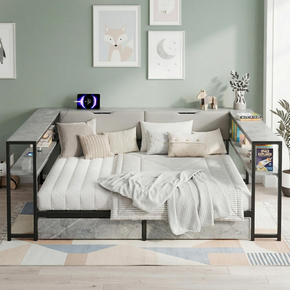 POLSTERBETT 90/200 cm mit USB- und Type-C-Anschluss, 2 Schubladen, 6 Staufächern und Lattenrost, Grau - Grau, Holzwerkstoff (90/200cm) - Redom