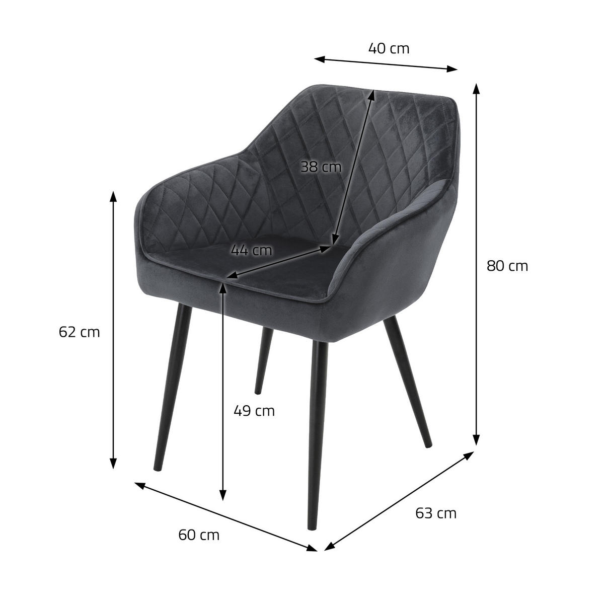 STUHL Samt Anthrazit 6er Set - Anthrazit, Metall (63/80/60cm) - ML-DESIGN