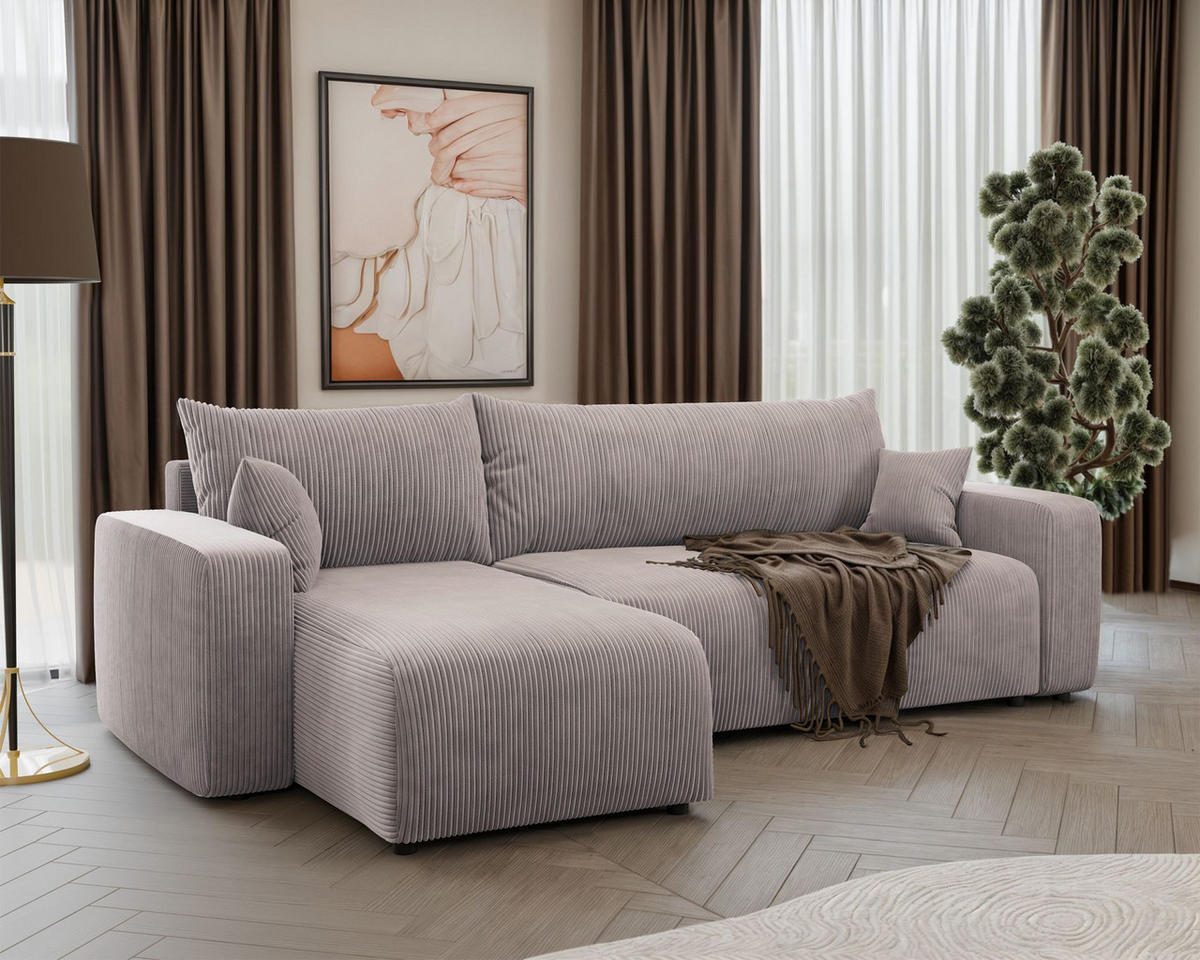ECKSOFA Pianoni Hellbeige Cordbezug - Ecru/Schwarz, Kunststoff/Textil (244/140cm) - Selsey