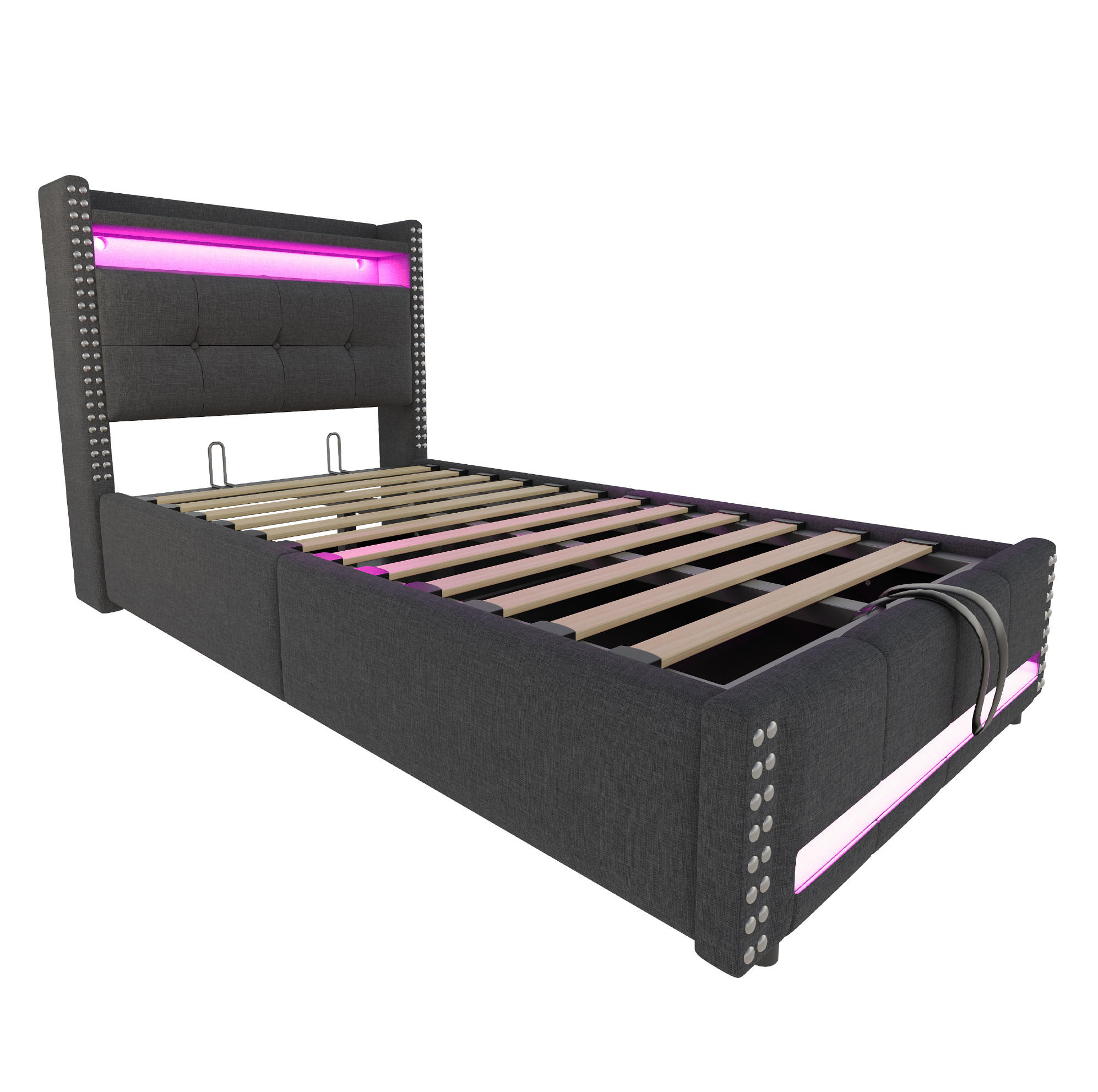 Modfu ČALOUNĚNÁ postel z lněné látky 90x200 cm šedá s LED osvětlením, USB a úložným prostorem