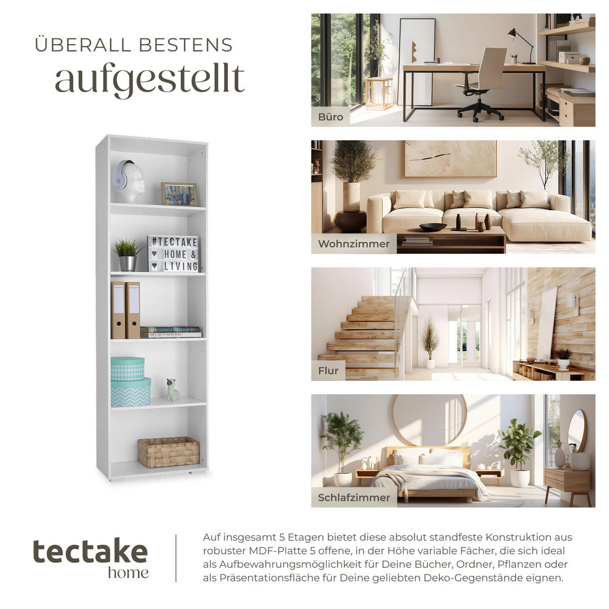 BÜCHERREGAL Lexi,60 x 30 x 190 cm,weiß - Weiß, Holz (30/190/60cm) - tectake