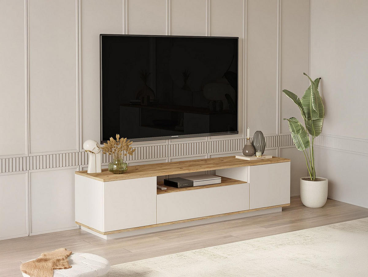 TV-MÖBEL mit 3 Türen & 1 Ablagefach - Beige & Holzfarben - LOTULA - Beige, Holz (180/44.6/44.5cm) - Vente-Unique