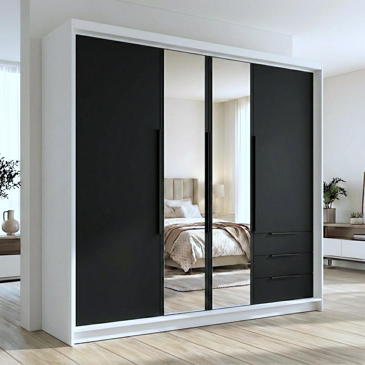 DREHTÜRENSCHRANK VIVO 200 cm Farbe: Weiß | Schwarz | Schwarz - Schwarz/Weiß, Holzwerkstoff/Metall (200/215/59.5cm) - A&J MöbelLand