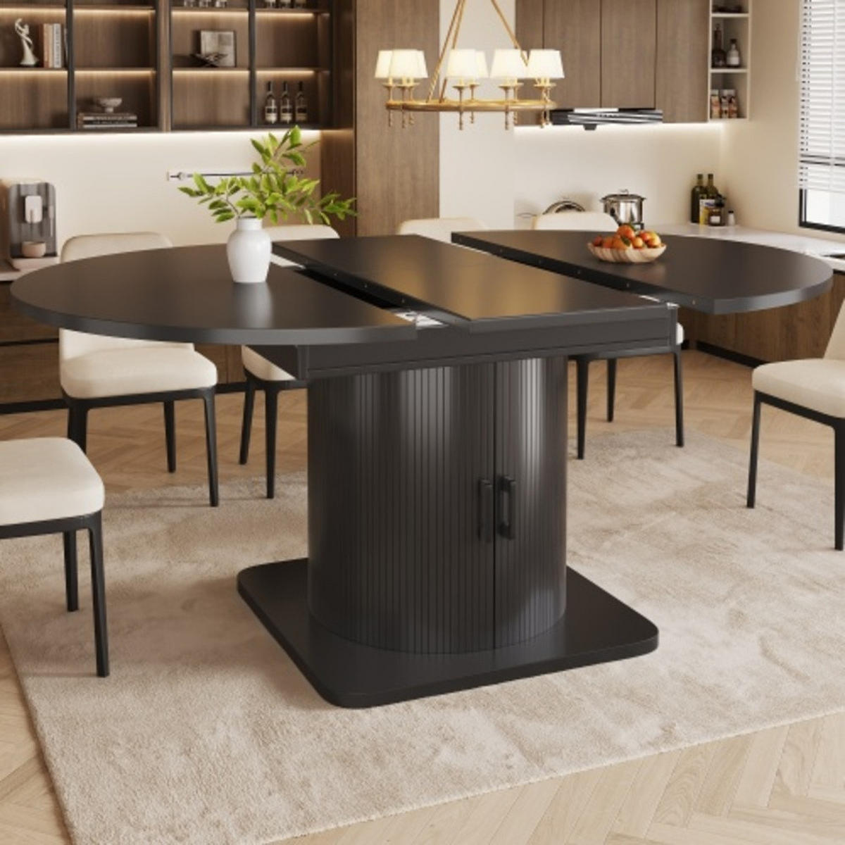 ESSTISCH Ausziehbarer 118-158×118×76 cm aus MDF und Metall mit integriertem Stauraum, schwarz - Schwarz, Holzwerkstoff (158/118/76cm) - Luhomfu