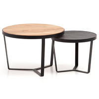 COUCHTISCH Set rund – Akazie Massivholz, Steinoptik, Metallgestell, Braun-Anthrazit - Schwarz, Holz/Metall (60/60/40cm) - KADIMA DESIGN