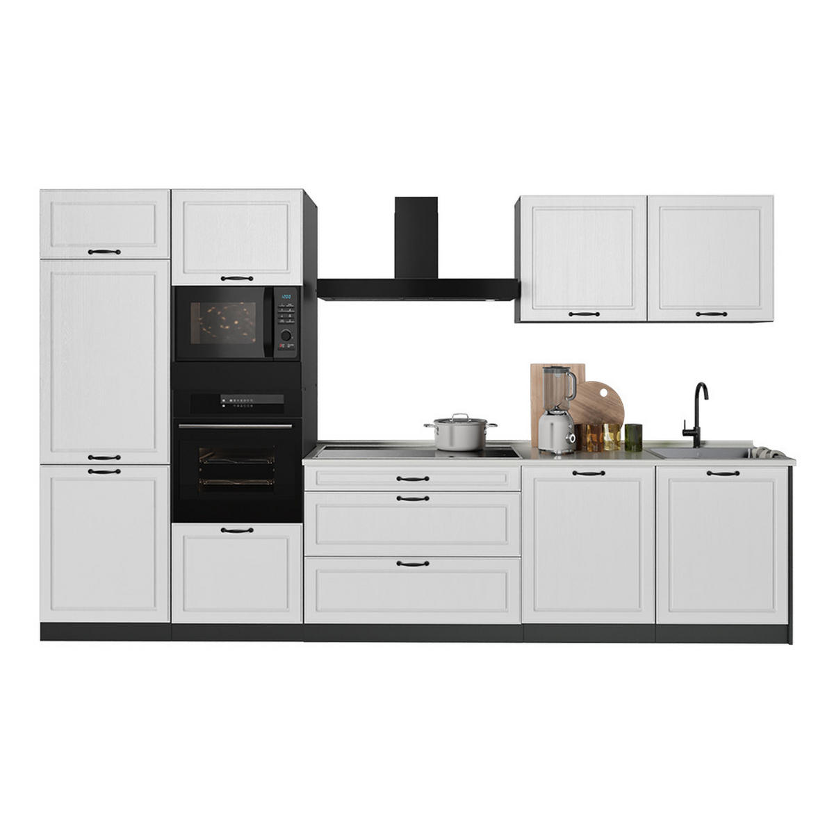 KÜCHENZEILE R-Line, Weiß Landhaus/Anthrazit, 340 cm Arbeitsplatte Anthrazit - Anthrazit/Weiß, Holzwerkstoff (340/206.8/60cm) - Vicco