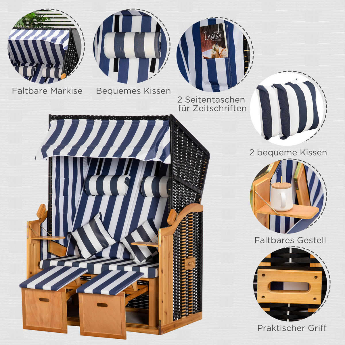 DOPPELTE Sonnenliege mit Dach PE-Rattan Blau+Weiß 118 x 79 x 160 cm - Blau, Kunststoff (79/160/118cm) - Outsunny