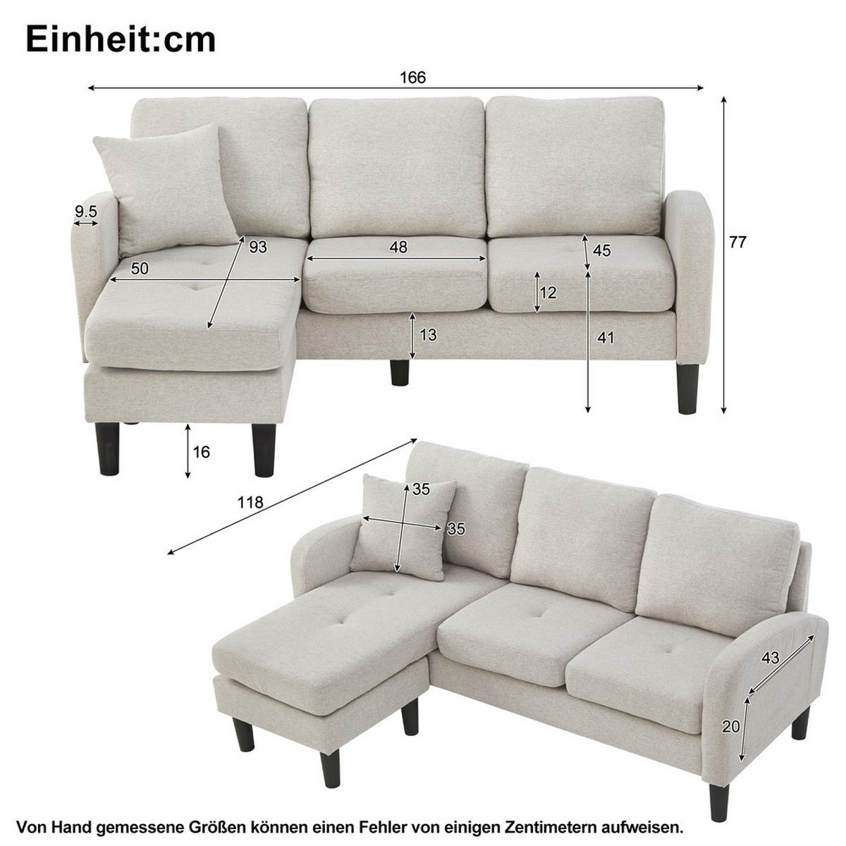 ECKSOFA 166x118x77cm Platzsparend - Hellgrau, Textil (118/166cm) - Raelunyi