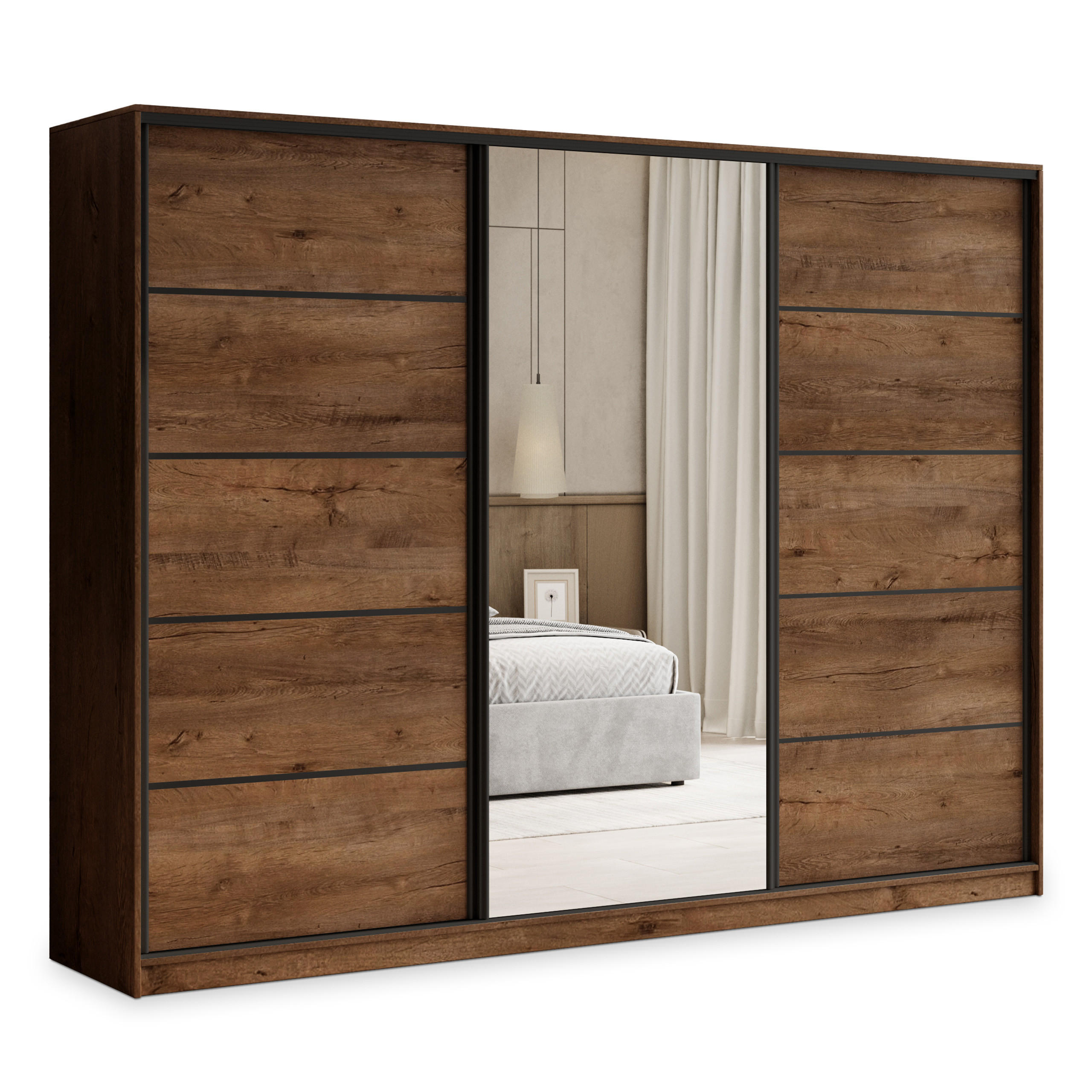 SCHWEBETÜRENSCHRANK PINA 235/205/58 cm 3-türig mit Spiegel und Schubladen Dąb lefkas - Eichefarben/Schwarz, Holzwerkstoff (235/205/58cm) - MASSENO