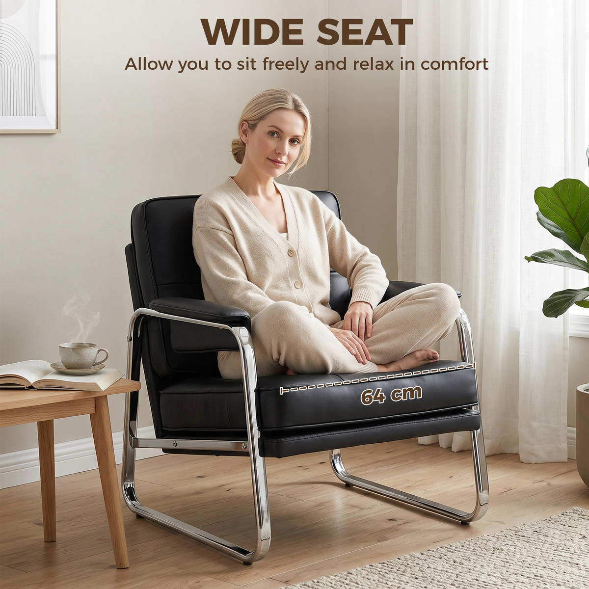 SESSEL LOUNGESESSEL DE-06615 breiter Sitz, Armlehnen, Stahlbeine, Kunstleder Schwarz - Schwarz, Leder/Metall (79/84/80cm) - ComfortXL